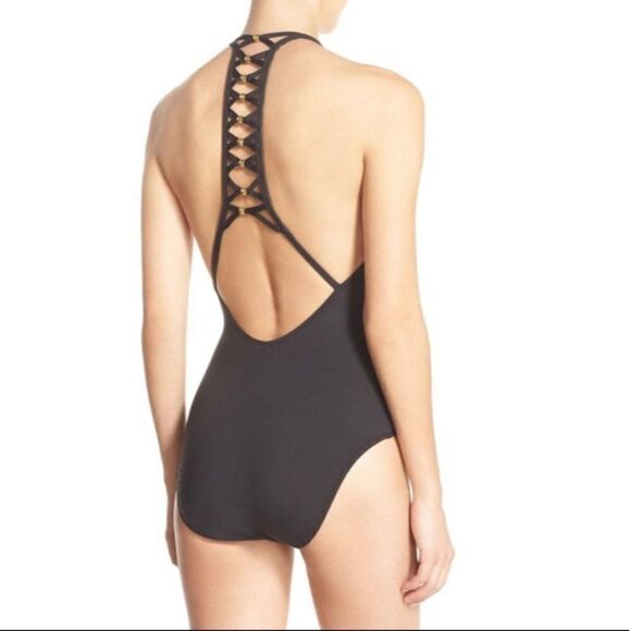 Trina Turk Algiers V-Plunge Embellished One- Piece Black Swimsuit TT0722 - Picture 2 of 16